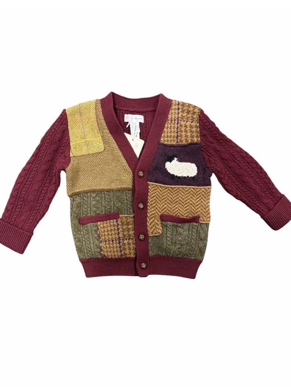 Ralph Lauren Burgundy Patchwork Cable-Knit Cardigan with Sheep Motif